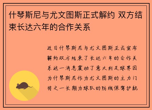 什琴斯尼与尤文图斯正式解约 双方结束长达六年的合作关系 什琴斯尼与尤文图斯正式解约 双方结束长达六年的合作关系